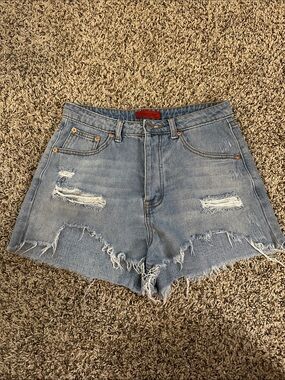 Signature8 Light Blue Distressed High-Rise Jean Shorts